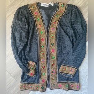 SWEELO Vintage 1980s Black Embroidered Beaded Jacket with Gold Trim and Gems